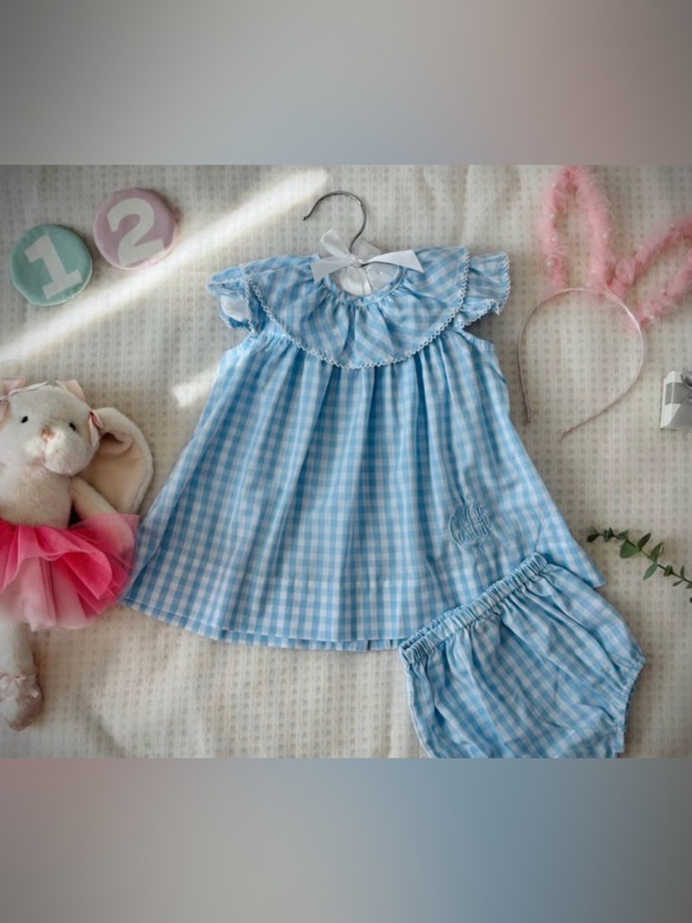 The Beaufort Bonnet Company Blue Gingham Ruffle Collar Pajama Set